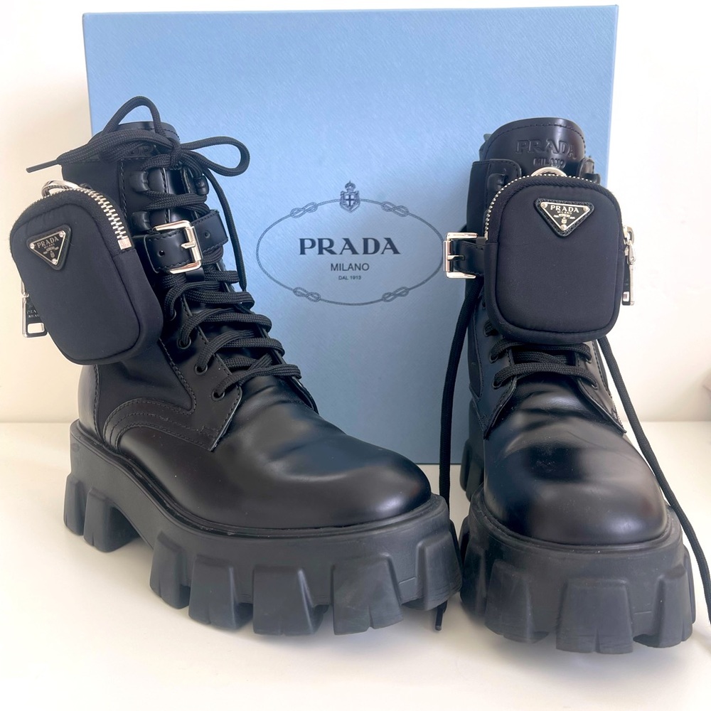Prada Monolith Leather & Nylon Lug Sole Combat Boots
